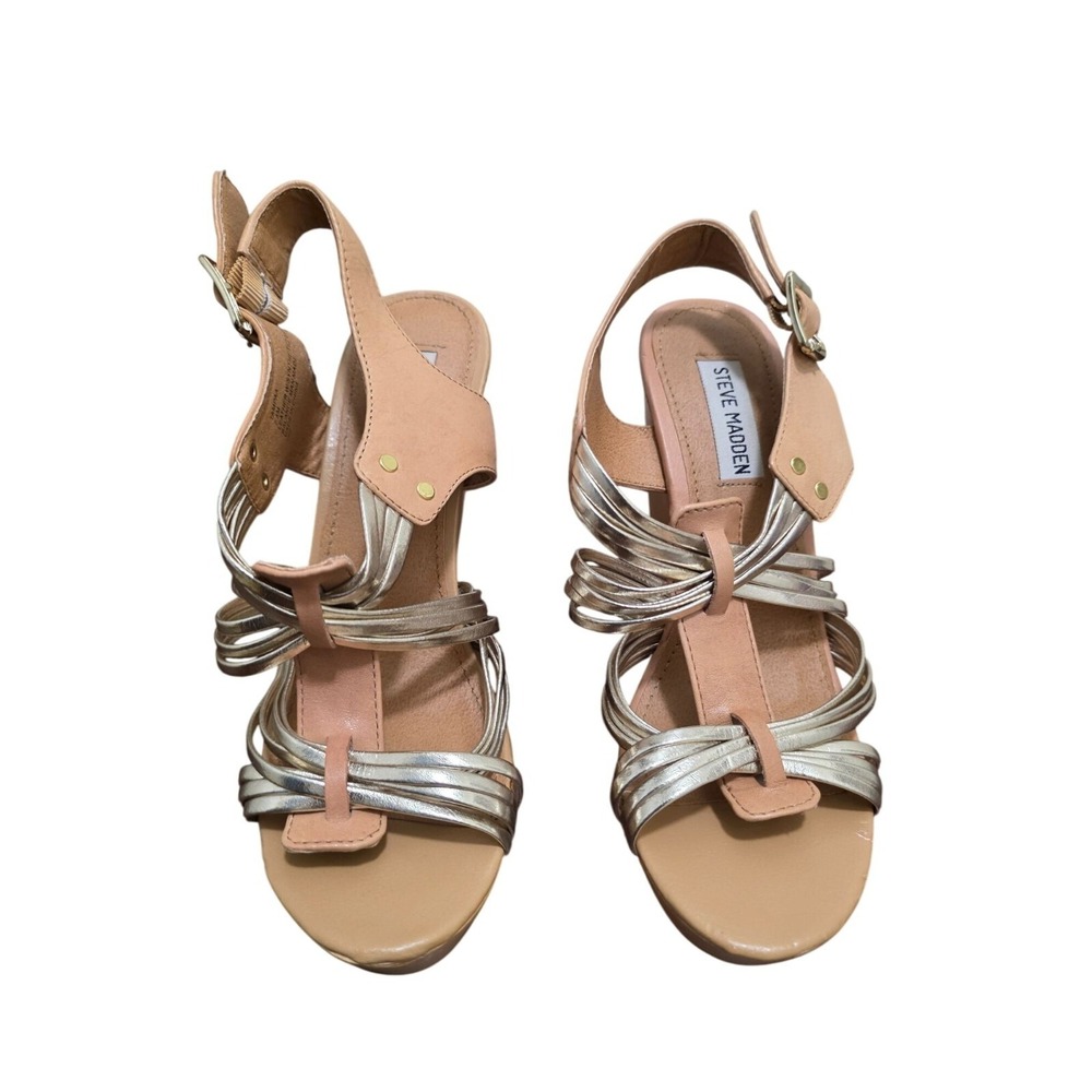 Steve Madden Gold & Nude Strappy Wedge Sandals With Buckle‎ Closure Size 7.5